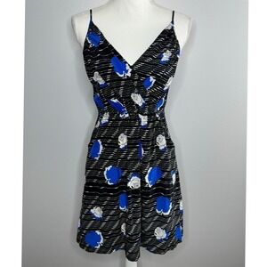 Yumi Kim Silk Dress Small Floral Print Black Blue Spaghetti Strap V-Neck Mini